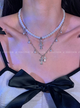 气质珍珠十字架双层项链甜酷配饰