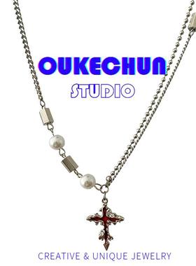 哥特风红色十字架y2k辣妹项链女