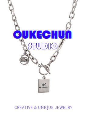 OUKECHUN简约ins嘻哈字母方牌项链女钛钢不掉色配饰男卫衣毛衣链