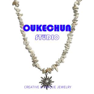 OUKECHUN复古气质拼接碎石太阳项链女高级设计感锁骨链民族风配饰