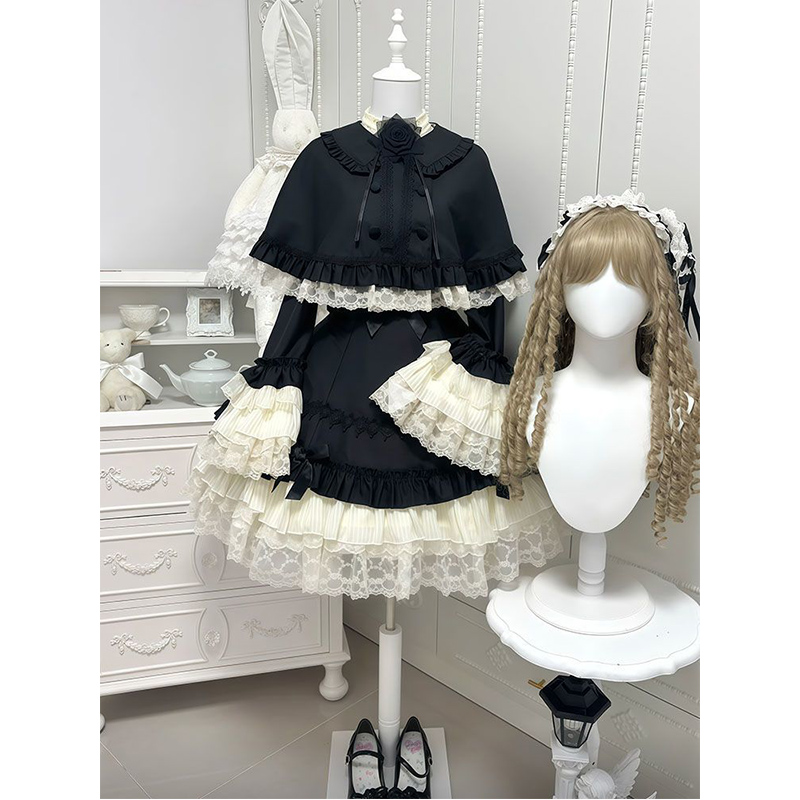 【夜袂沉歌】黑色系Lolita甜美赫本风公主连衣裙+斗篷披肩两件套