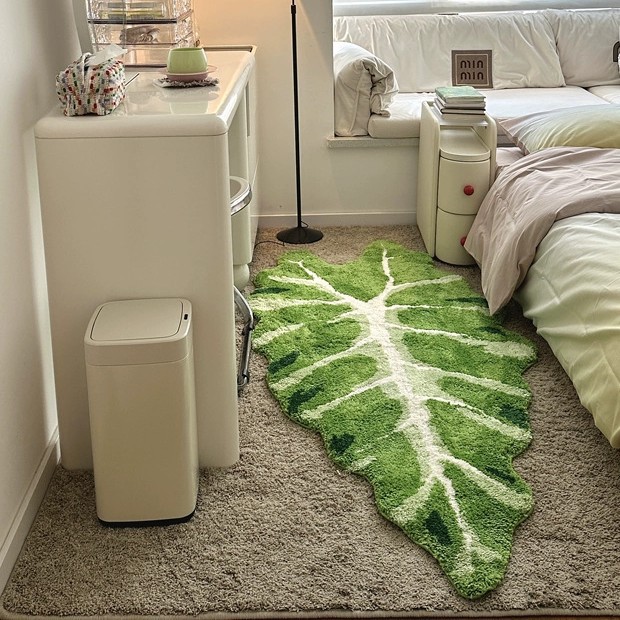 跨境北欧龟背竹植绒簇绒地毯客厅毛绒地垫春日绿色卧室房间床边毯