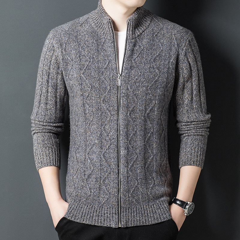 PJ3500男士2021年秋新款长袖纯羊毛开衫休闲青年立领拉链外套，男装针织衫/毛衣，电商B360