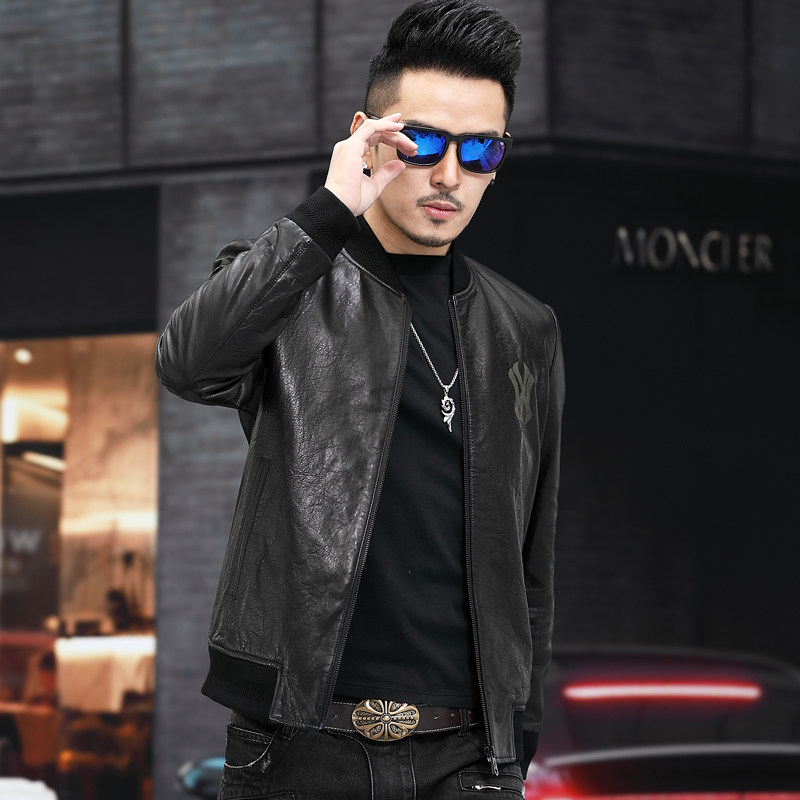 Z19021-1男士皮夹克外套棒球修身真皮绵羊皮皮衣真皮皮衣男P750图片