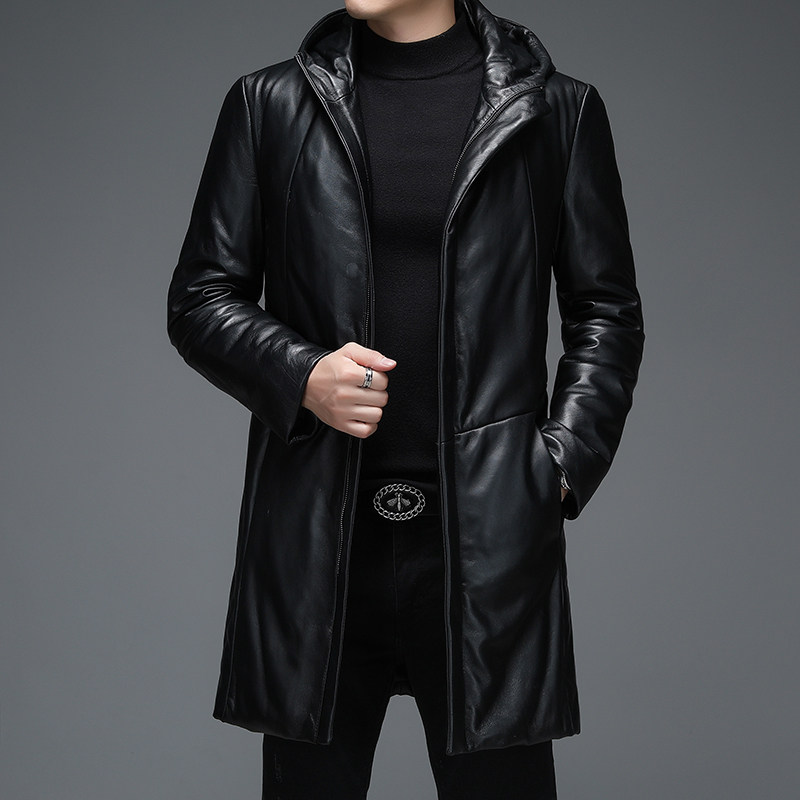 WL-C275冬季男士羽绒服外套连帽宽松白鸭绒中长款真皮皮衣男图片