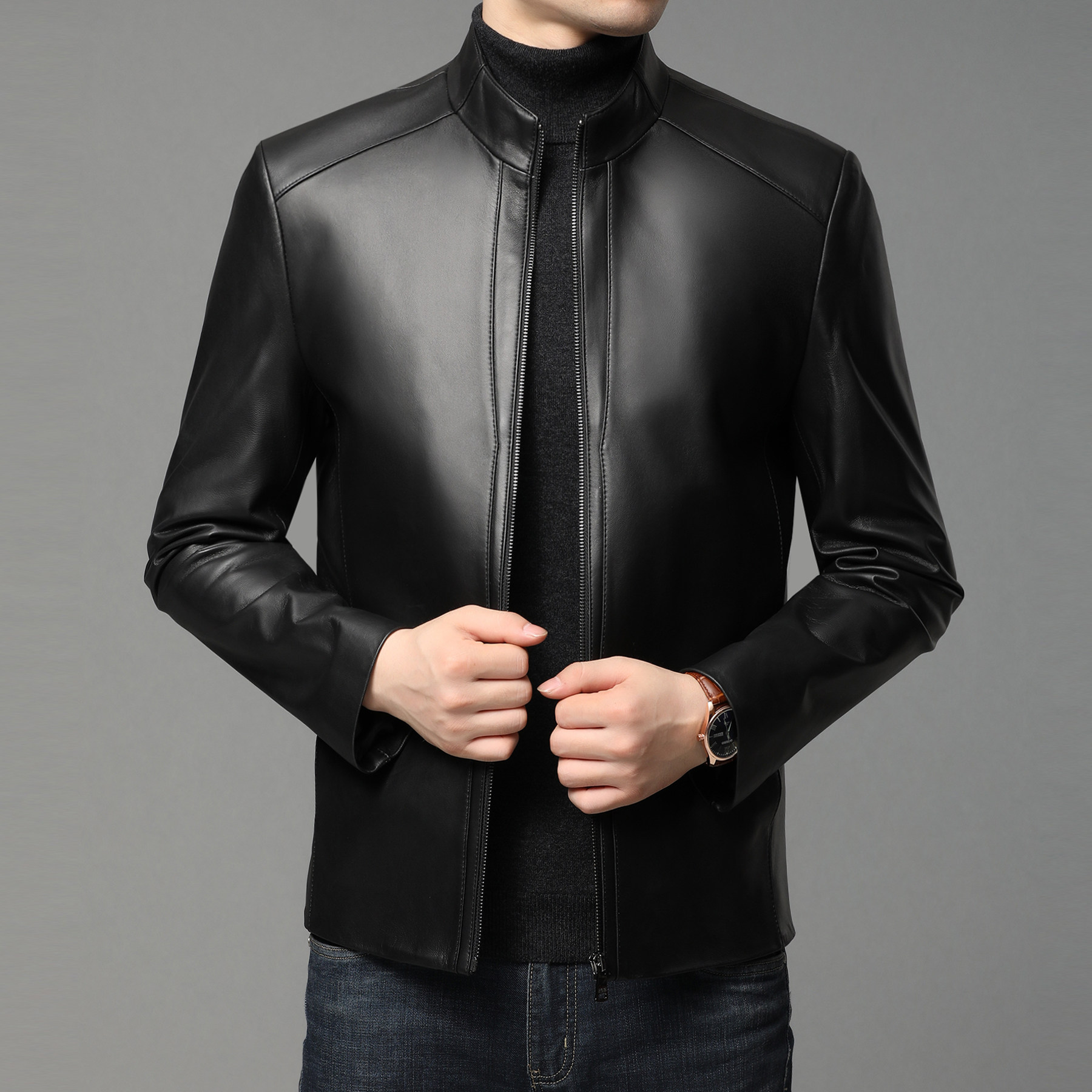TL-X2198秋冬2021海宁男式绵羊皮真皮皮衣男立领修身皮夹克P375，男装皮衣，电商B360