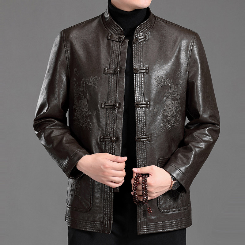 MJ-7001秋季男士休闲立领皮夹克中老年爸爸装唐装PU皮外套P115，男装皮衣，电商B360