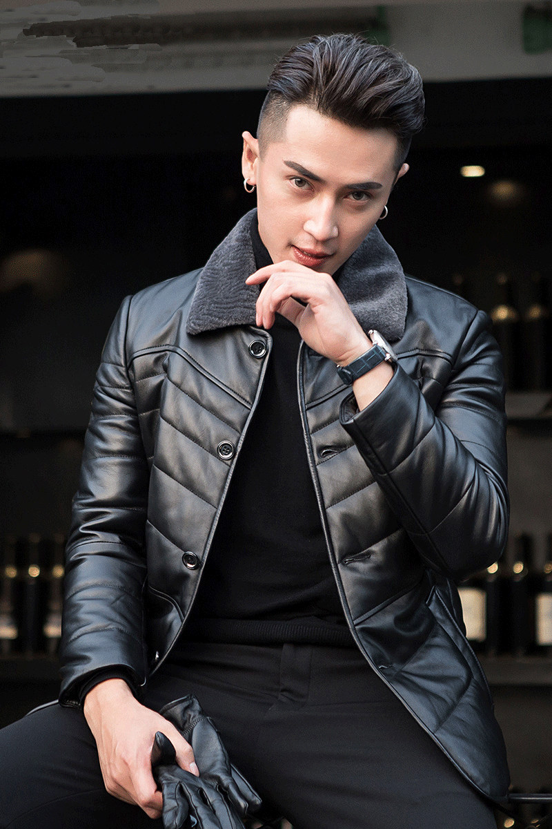 海宁皮衣男士绵羊皮羽绒服翻领冬季男式外套保暖厚款夹克P600,男装皮衣,电商B360