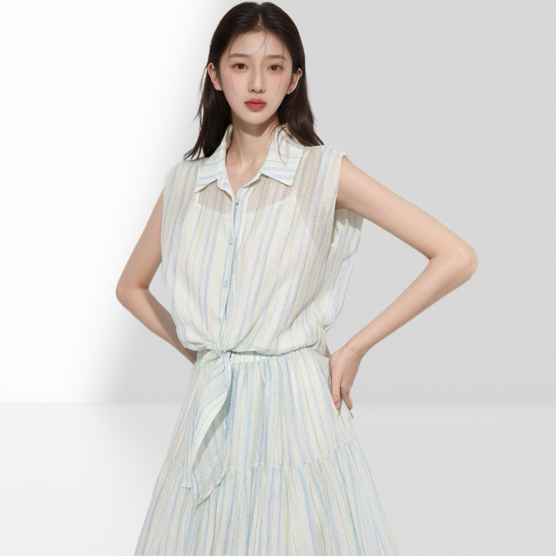 ZUOTU 法式竖条纹正肩无袖衬衫半裙套装女夏季上衣半身裙子两件套