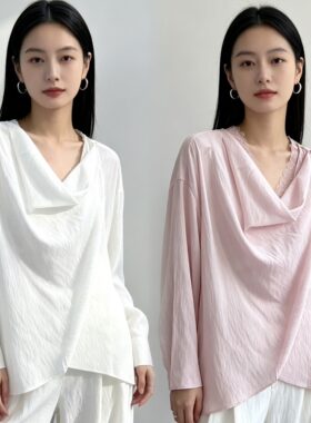 ZUOTU高级感气质V领蕾丝内搭+荡领长袖小衫两件套女宽松百搭上衣