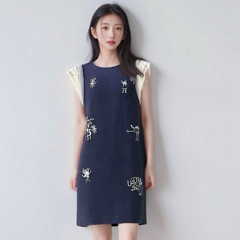 ZUOTU｜100%亚麻刺绣连衣裙女2025夏季设计感蕾丝拼接中长款裙子