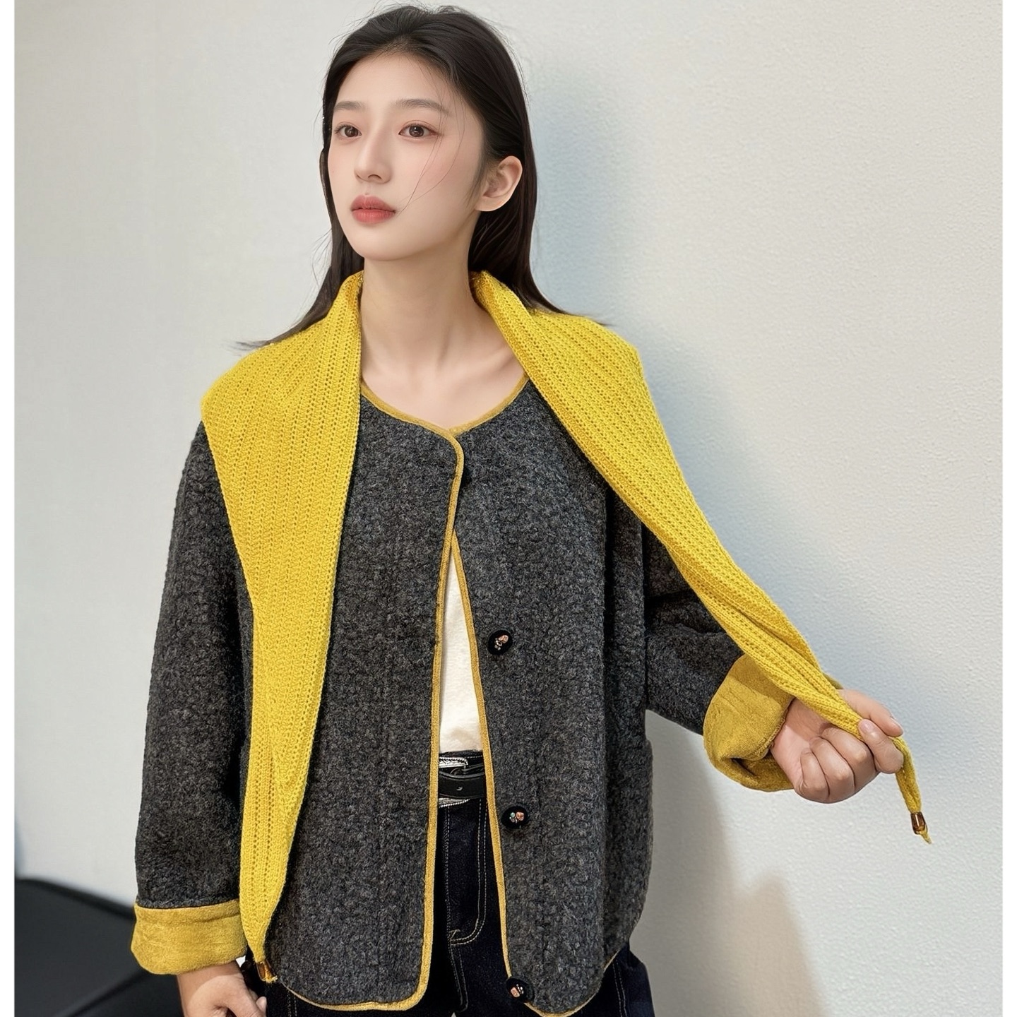 ZUOTU｜姜黄小奶团小箱型弧形分割+披肩短外套25秋冬圈圈毛呢外套