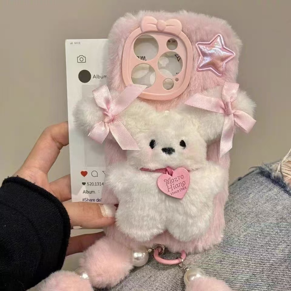毛绒蝴蝶结小狗手链适用VIVO X100s/X80pro手机壳V27E/X90pro+硅胶X70全包边S16保护S19/S18网红Y78+软套s17e