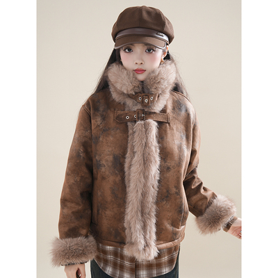 2024秋冬新款美拉德复古外套美式设计感棕色修身毛毛拼接外衣女