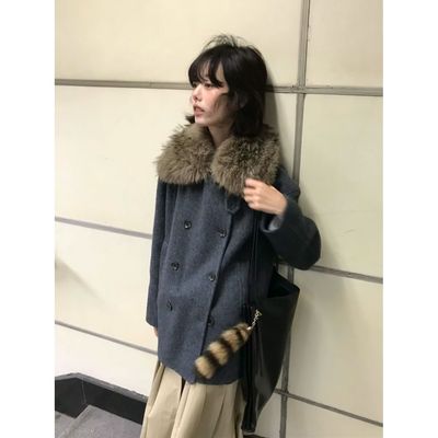 韩系气质双排扣廓形毛领茧形毛呢大衣女2025秋冬简约百搭通勤外套