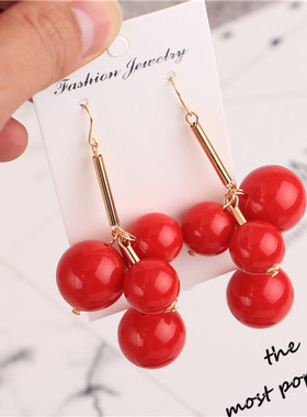 欧美LIN同款大红色球球葡萄串圆球耳环 水果女耳钉耳饰耳夹耳环