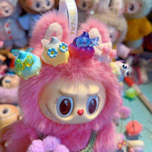 labubu马卡龙坐坐头饰头插派对搪胶毛绒挂件头插