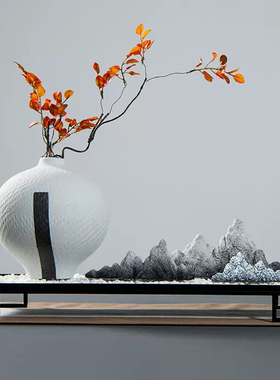 新中式白色陶瓷花瓶禅意摆件创意插花套装细白沙沙盘假山玄关装饰