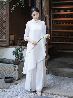 飘逸禅意茶服仙气佛系女装中式中国风白色居士打坐套装
