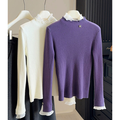 蕾丝木耳边半高领毛衣女秋冬新款修身显瘦洋气加厚打底针织衫