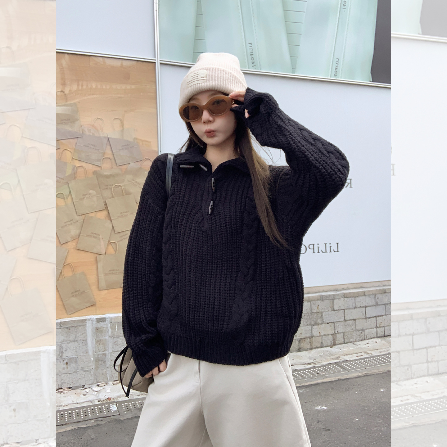 黑色翻领纽扣加厚套头毛衣女20255秋冬高领麻花慵懒风松弛感上衣