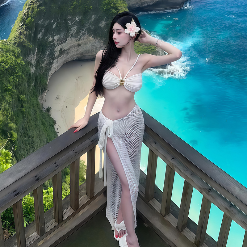 2025新款泳衣女纯欲分体比基尼三件套抹胸性感渔网裙海岛度假