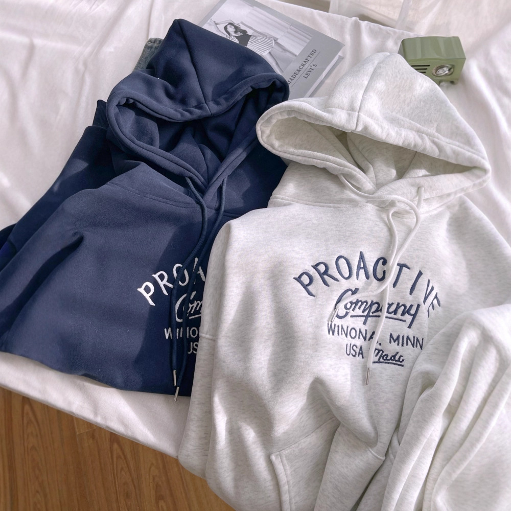 港风连帽卫衣女藏蓝色加绒上衣秋冬新款字母爆款外套