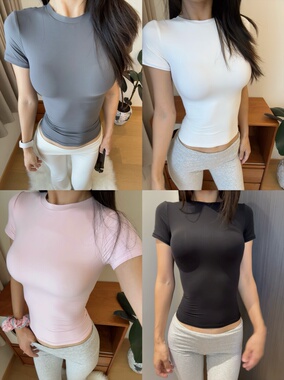 李琴琴 skim同款正肩性感紧身掐腰修身奶皮衣显瘦短袖T恤