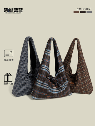 Raccoon Blue Plaid Double-Sided Tote Bag for Women, New Autumn Casual Versatile Commuting and School Shoulder Bag