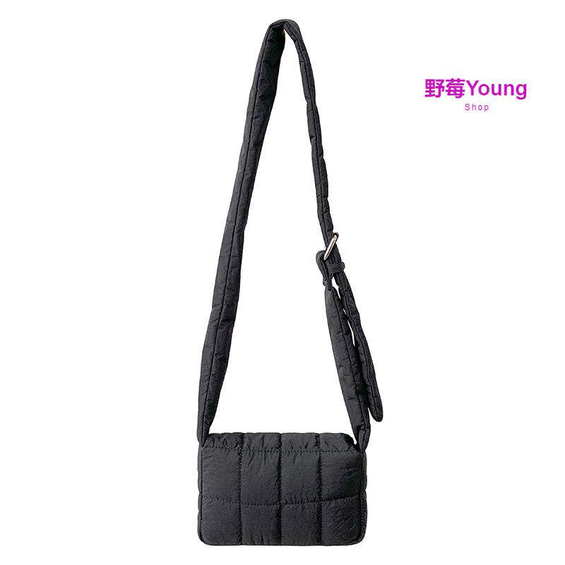 韩版新款时尚单肩棉服包休闲马卡龙色褶皱格子潮流斜挎小方包