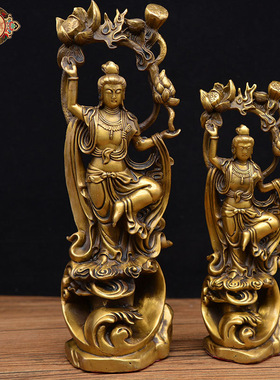 精品仿古纯铜佛像收藏飞天莲藕观音菩萨摆件家居装饰观世音佛像