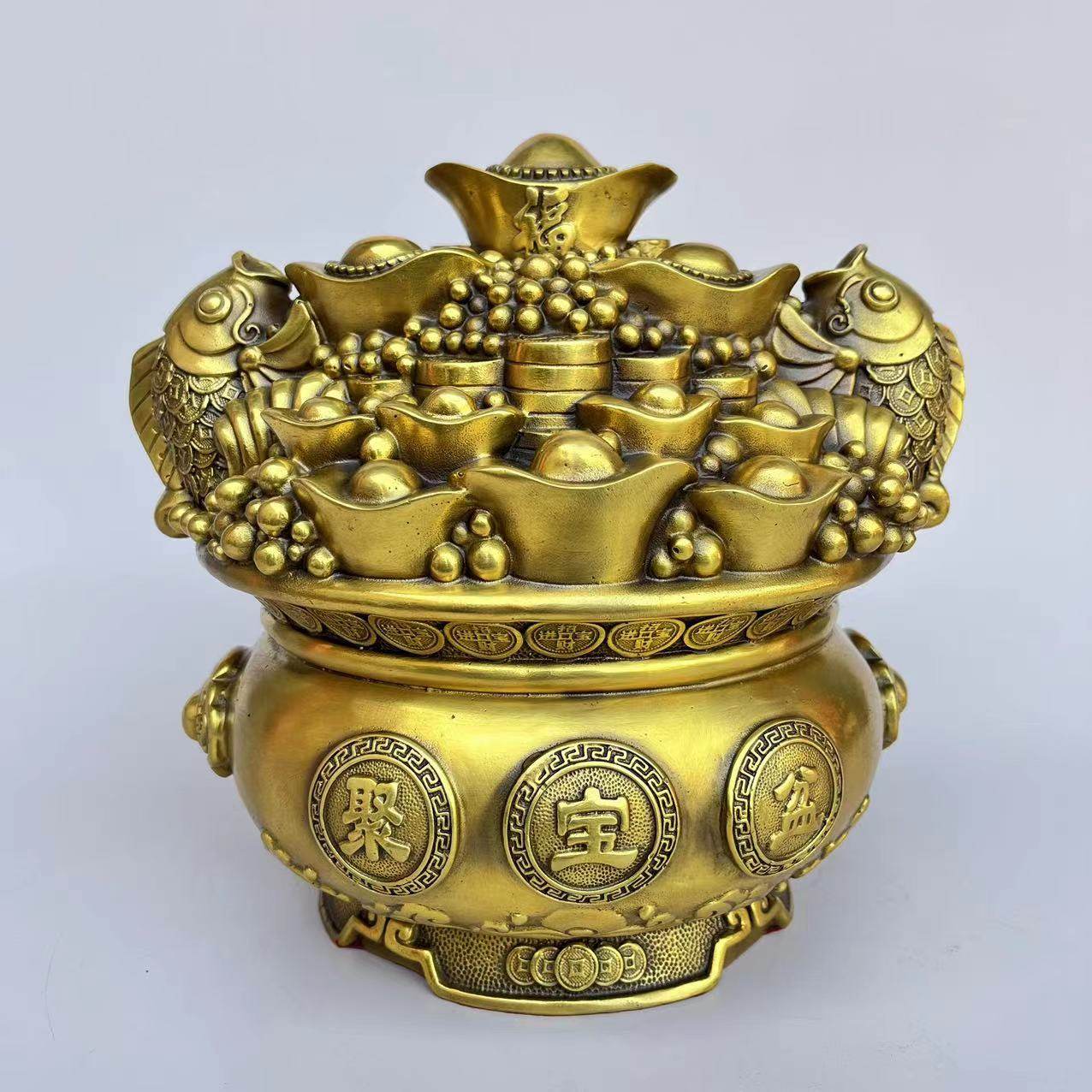 纯铜双鱼聚宝盆招财摆件黄铜元宝存钱罐客厅财位铜储蓄罐大号聚财