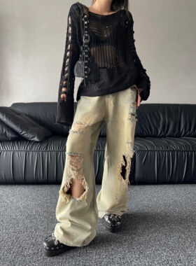 Aaakane 做旧水洗大破洞牛仔裤美式复古阔腿低腰宽松休闲长裤