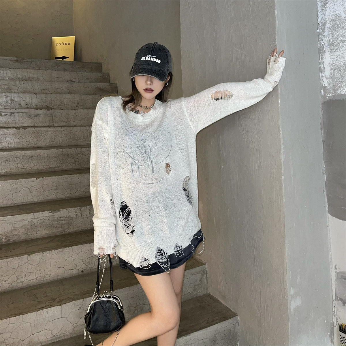 Aaakane 奶白色慵懒罩衫薄款刺绣镂空破洞针织衫宽松上衣女春夏