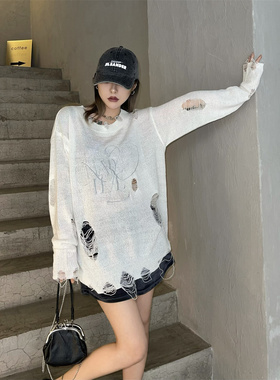 Aaakane 奶白色慵懒罩衫薄款刺绣镂空破洞针织衫宽松上衣女春夏