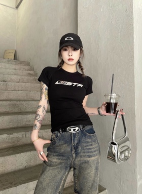 Aaakane 液态金属印花短袖高弹修身美式休闲辣妹中短款纯棉T恤女