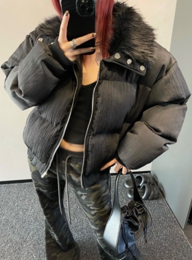 Aaakane 褶皱肌理设计感毛领棉服宽松加厚保暖棉衣短外套