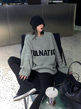 Aaakane 灰绿色高街印花毛衣女冬季加厚慵懒风宽松套头长袖针织衫