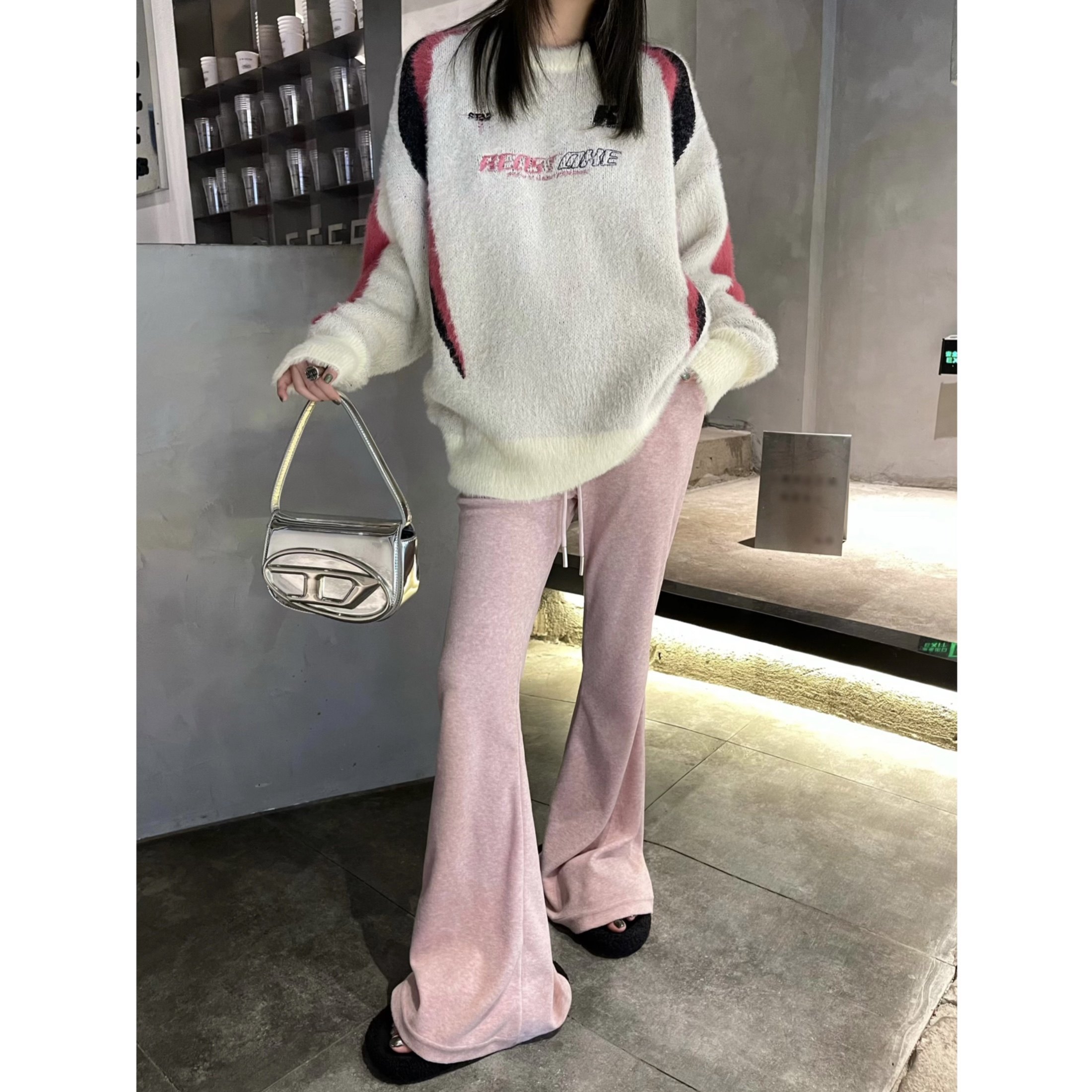 Aaakane 显瘦显腿长粉色毛巾绒垂坠显瘦直筒喇叭裤女休闲微喇裤子