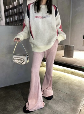 Aaakane 显瘦显腿长粉色毛巾绒垂坠显瘦直筒喇叭裤女休闲微喇裤子