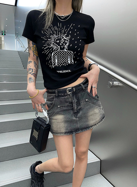 Aaakane 美式复古低腰露脐超短防走光牛仔半裙辣妹性感包臀半身裙