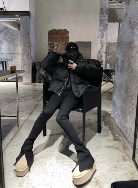 Aaakane 抓绒加厚牛仔裤女拉链拼接两穿马蹄裤高腰显瘦开叉微喇裤