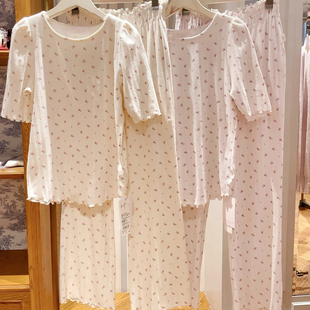 日系甜美清新满印樱花木耳花边圆领短袖长裤棉质睡衣女夏季家居服