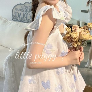 甜美大荷叶边睡衣 LittlePuggy韩版 ins双层纱布飞飞袖 吊带短裤 套装