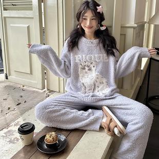 日系复古字母猫咪提花卡通少女软绵绵云朵感绒保暖家居服睡衣套装