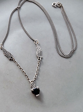 韩国S925纯银翅膀皇冠爱心黑钻中长项链 复古做旧 60cm 小众休闲