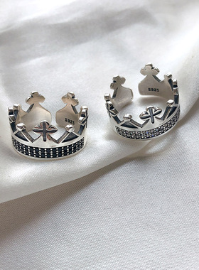 韩国立体皇冠镶钻戒指925纯银