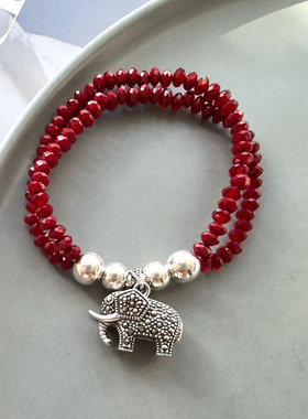 S925纯银马赛克石大象转运珠手链 红色奥地利水晶双层 百搭经典