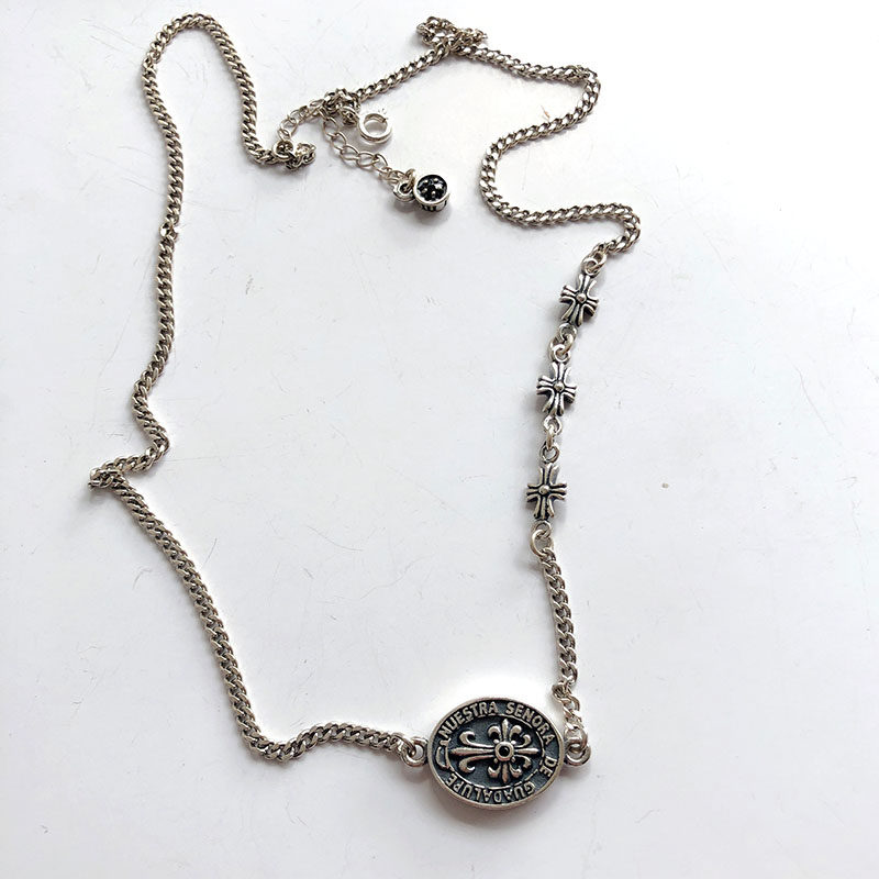 韩国东大门 s925纯银十字架人头像项链 双面戴 编织项链 个性好看