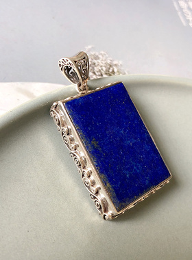 阿根廷天然青金石平安无事牌蓝色吊坠 925纯银包银铜钱方牌 高档